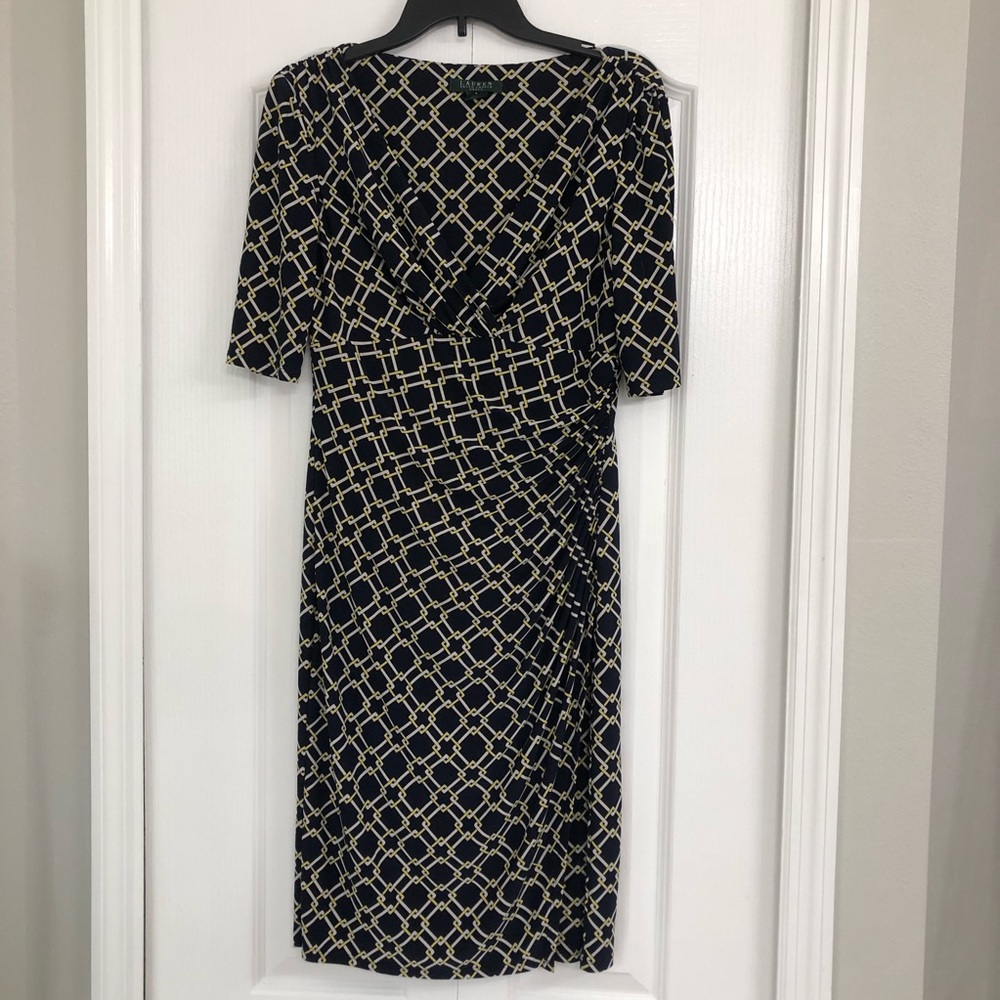 Lauren Ralph Lauren womens v neck elbow sleeves rouched side jersey knit dress 6
